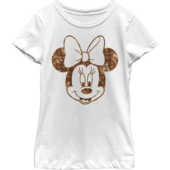 Disney Characters Fall Floral Plaid Minnie Girl's Crew Tee White Small - Picture 1 of 6